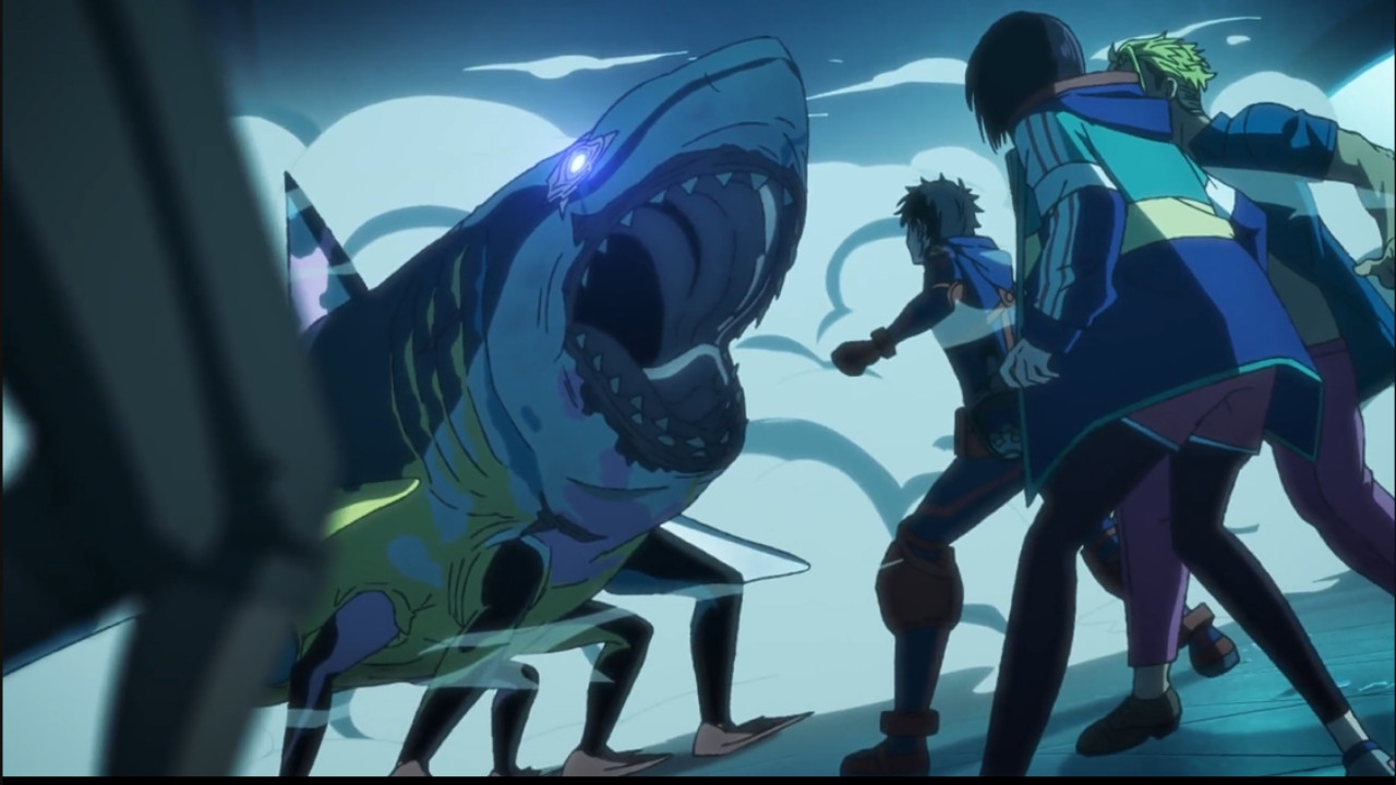 A giant zombie shark chases after the heroes.
